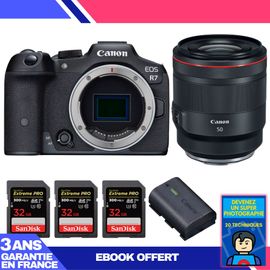 Boitier Canon EOS R7 + RF 50mm F1.2 L USM + 3 SanDisk 32GB Extreme PRO UHS-II SDXC 300 MB/s + 1 Canon LP-E6NH + Ebook 'Devenez Un Super Photographe'