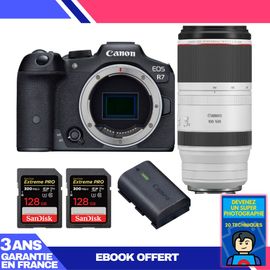Boitier Canon EOS R7 + RF 100-500mm F4.5-7.1 L IS USM + 2 SanDisk 128GB Extreme PRO UHS-II SDXC 300 MB/s + 1 Canon LP-E6NH + Ebook 'Devenez Un Super Photographe'