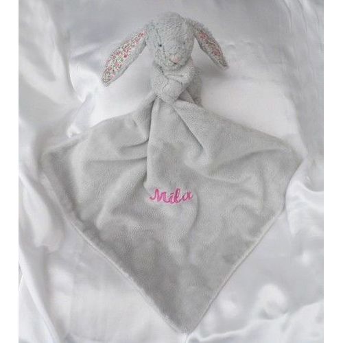 Doudou Lapin Mouchoir Blossom Bashful Gris Fleurs Rose Jellycat