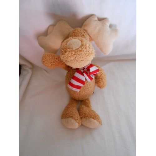 Doudou Peluche Kinder Renne Elan Cerf Caribou Wapiti Marron Creme Ecru Beige Echarpe Raye Rouge Blanc Ferrero