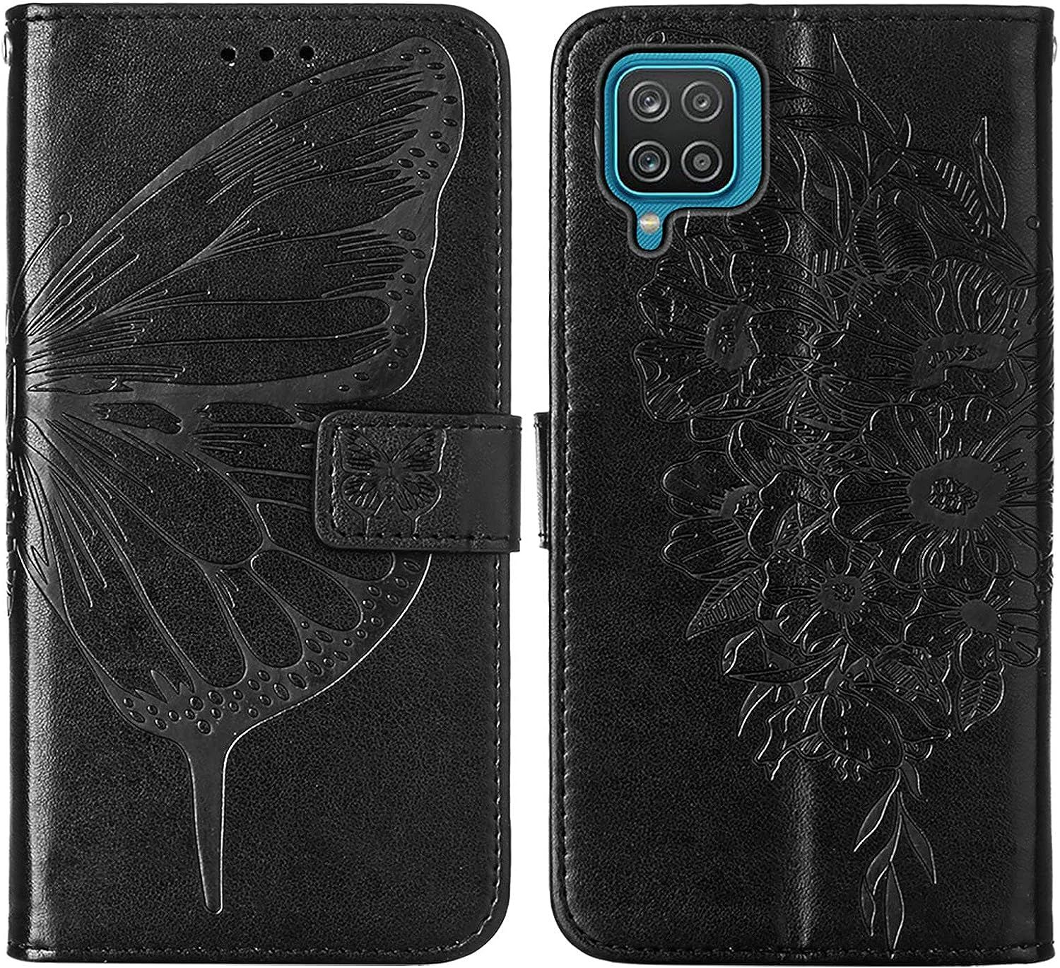 Coque Cuir Pour Samsung Galaxy A12 / M12 Etui A Rabat Motif Dessin Pour Filles Femmes, Portefeuille Housse Avec Case 360 Degres Silicone Antichoc Protection Cover Cuir - Noir
