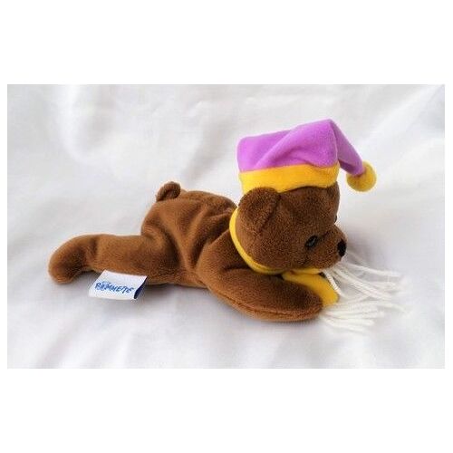 Doudou Peluche Ours Brun Couché Bonnet Mauve Echarpe Jaune Pommette