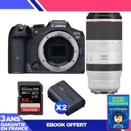 Boitier Canon EOS R7 + RF 100-500mm F4.5-7.1 L IS USM + 1 SanDisk 64GB Extreme PRO UHS-II SDXC 300 MB/s + 2 Canon LP-E6NH + Ebook 'Devenez Un Super Photographe'