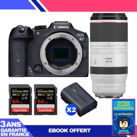 Boitier Canon EOS R7 + RF 100-500mm F4.5-7.1 L IS USM + 2 SanDisk 64GB Extreme PRO UHS-II SDXC 300 MB/s + 2 Canon LP-E6NH + Ebook 'Devenez Un Super Photographe'
