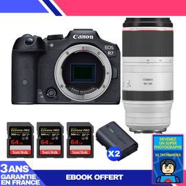 Boitier Canon EOS R7 + RF 100-500mm F4.5-7.1 L IS USM + 3 SanDisk 64GB Extreme PRO UHS-II SDXC 300 MB/s + 2 Canon LP-E6NH + Ebook 'Devenez Un Super Photographe'