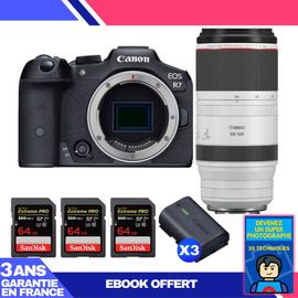 Boitier Canon EOS R7 + RF 100-500mm F4.5-7.1 L IS USM + 3 SanDisk 64GB Extreme PRO UHS-II SDXC 300 MB/s + 3 Canon LP-E6NH + Ebook 'Devenez Un Super Photographe'