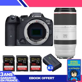 Boitier Canon EOS R7 + RF 100-500mm F4.5-7.1 L IS USM + 3 SanDisk 128GB Extreme PRO UHS-II SDXC 300 MB/s + 3 Canon LP-E6NH + Ebook 'Devenez Un Super Photographe'