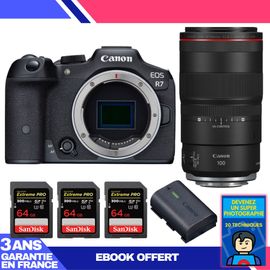 Boitier Canon EOS R7 + RF 100mm F2.8 L Macro IS USM + 3 SanDisk 64GB Extreme PRO UHS-II SDXC 300 MB/s + 1 Canon LP-E6NH + Ebook 'Devenez Un Super Photographe'