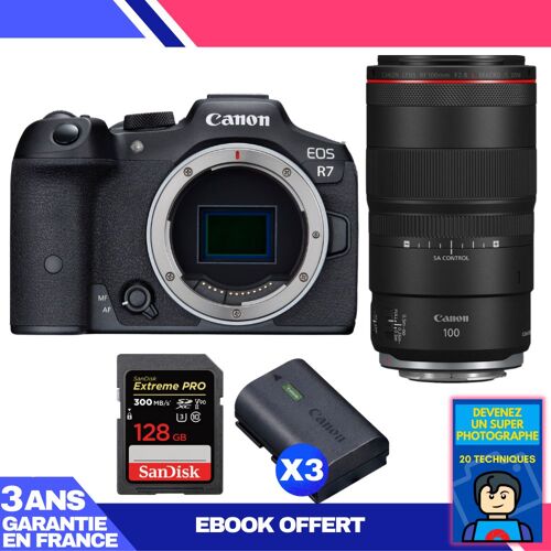 Boitier Canon EOS R7 + RF 100mm F2.8 L Macro IS USM + 1 SanDisk 128GB Extreme PRO UHS-II SDXC 300 MB/s + 3 Canon LP-E6NH + Ebook 'Devenez Un Super Photographe'