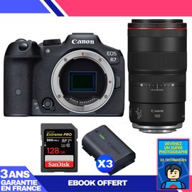 Boitier Canon EOS R7 + RF 100mm F2.8 L Macro IS USM + 1 SanDisk 128GB Extreme PRO UHS-II SDXC 300 MB/s + 3 Canon LP-E6NH + Ebook 'Devenez Un Super Photographe'