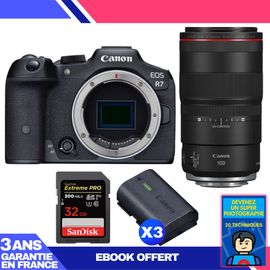 Boitier Canon EOS R7 + RF 100mm F2.8 L Macro IS USM + 1 SanDisk 32GB Extreme PRO UHS-II SDXC 300 MB/s + 3 Canon LP-E6NH + Ebook 'Devenez Un Super Photographe'