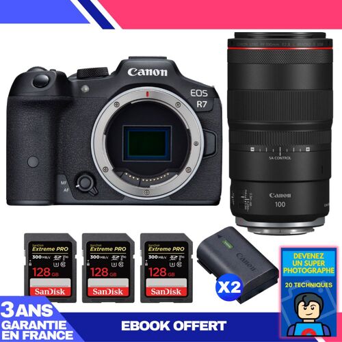 Boitier Canon EOS R7 + RF 100mm F2.8 L Macro IS USM + 3 SanDisk 128GB Extreme PRO UHS-II SDXC 300 MB/s + 2 Canon LP-E6NH + Ebook 'Devenez Un Super Photographe'