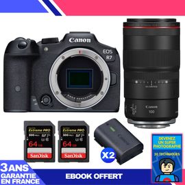 Boitier Canon EOS R7 + RF 100mm F2.8 L Macro IS USM + 2 SanDisk 64GB Extreme PRO UHS-II SDXC 300 MB/s + 2 Canon LP-E6NH + Ebook 'Devenez Un Super Photographe'