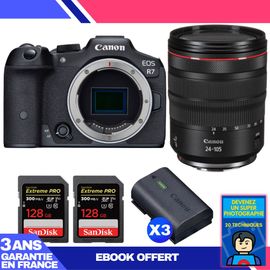 Boitier Canon EOS R7 + RF 24-105mm F4 L IS USM + 2 SanDisk 128GB Extreme PRO UHS-II SDXC 300 MB/s + 3 Canon LP-E6NH + Ebook 'Devenez Un Super Photographe'