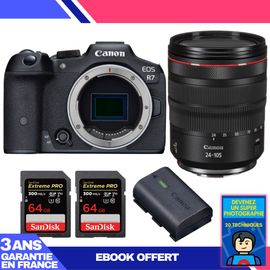 Boitier Canon EOS R7 + RF 24-105mm F4 L IS USM + 2 SanDisk 64GB Extreme PRO UHS-II SDXC 300 MB/s + 1 Canon LP-E6NH + Ebook 'Devenez Un Super Photographe'