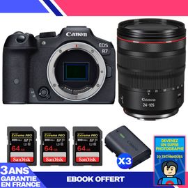 Boitier Canon EOS R7 + RF 24-105mm F4 L IS USM + 3 SanDisk 64GB Extreme PRO UHS-II SDXC 300 MB/s + 3 Canon LP-E6NH + Ebook 'Devenez Un Super Photographe'
