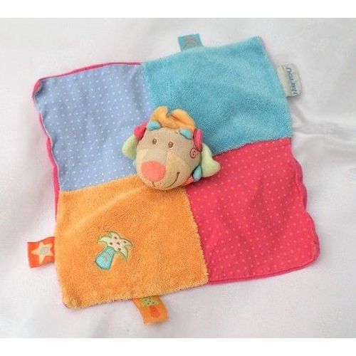 Doudou Plat Carré Lion Rose Orange Bleu Vert Marron Pois Palmier Étiquettes Verso Rose Nattou