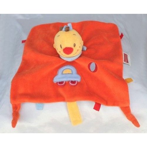 Doudou Plat Carré Garçon Orange Jaune Verso Bleu Broderie Voiture Ballon Tim Et Lily Nattou