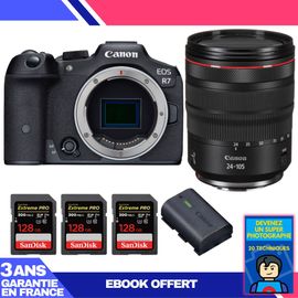 Boitier Canon EOS R7 + RF 24-105mm F4 L IS USM + 3 SanDisk 128GB Extreme PRO UHS-II SDXC 300 MB/s + 1 Canon LP-E6NH + Ebook 'Devenez Un Super Photographe'