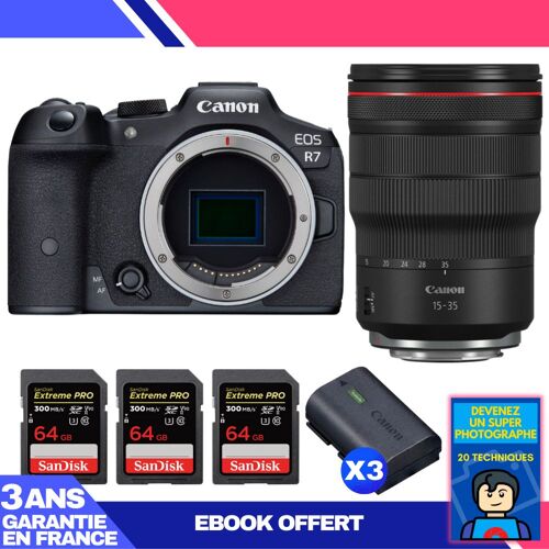 Boitier Canon EOS R7 + RF 15-35mm F2.8 L IS USM + 3 SanDisk 64GB Extreme PRO UHS-II SDXC 300 MB/s + 3 Canon LP-E6NH + Ebook 'Devenez Un Super Photographe'