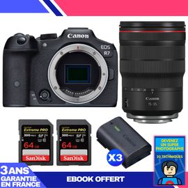 Boitier Canon EOS R7 + RF 15-35mm F2.8 L IS USM + 2 SanDisk 64GB Extreme PRO UHS-II SDXC 300 MB/s + 3 Canon LP-E6NH + Ebook 'Devenez Un Super Photographe'
