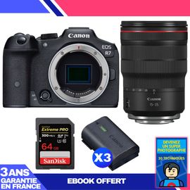Boitier Canon EOS R7 + RF 15-35mm F2.8 L IS USM + 1 SanDisk 64GB Extreme PRO UHS-II SDXC 300 MB/s + 3 Canon LP-E6NH + Ebook 'Devenez Un Super Photographe'
