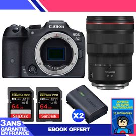 Boitier Canon EOS R7 + RF 15-35mm F2.8 L IS USM + 2 SanDisk 64GB Extreme PRO UHS-II SDXC 300 MB/s + 2 Canon LP-E6NH + Ebook 'Devenez Un Super Photographe'