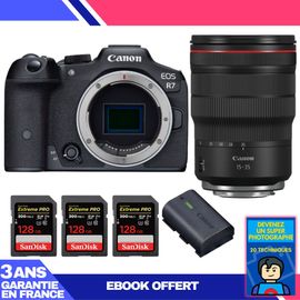 Boitier Canon EOS R7 + RF 15-35mm F2.8 L IS USM + 3 SanDisk 128GB Extreme PRO UHS-II SDXC 300 MB/s + 1 Canon LP-E6NH + Ebook 'Devenez Un Super Photographe'