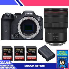 Boitier Canon EOS R7 + RF 15-35mm F2.8 L IS USM + 3 SanDisk 32GB Extreme PRO UHS-II SDXC 300 MB/s + 1 Canon LP-E6NH + Ebook 'Devenez Un Super Photographe'