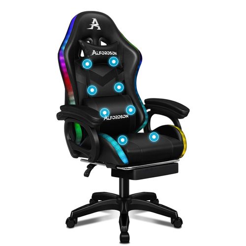 ALFORDSON LED Chaise Gaming, Siege Gaming avec Massage 8 Points, Fauteuil de Gaming Pivotant Ergonomique avec Éclairage RVB avec Support Lombaire et Appui-Tête, Hauteur Réglable, Noir