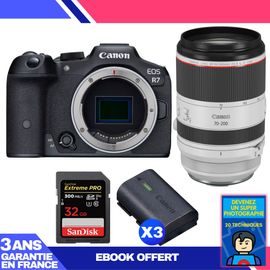 Boitier Canon EOS R7 + RF 70-200mm F2.8 L IS USM + 1 SanDisk 32GB Extreme PRO UHS-II SDXC 300 MB/s + 3 Canon LP-E6NH + Ebook 'Devenez Un Super Photographe'