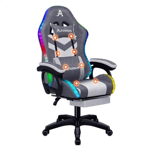 Alfordson Led Chaise Gaming, Siege Gaming Avec Massage 8 Points, Fauteuil De Gaming Pivotant Ergonomique Avec Éclairage Rvb Avec Support Lombaire Et Appui-Tête, Matériau En Tissu, Épissage Gris