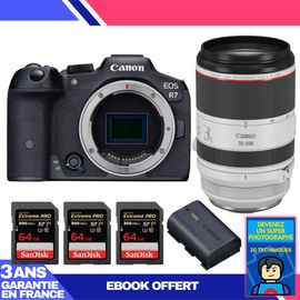 Boitier Canon EOS R7 + RF 70-200mm F2.8 L IS USM + 3 SanDisk 64GB Extreme PRO UHS-II SDXC 300 MB/s + 1 Canon LP-E6NH + Ebook 'Devenez Un Super Photographe'