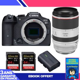 Boitier Canon EOS R7 + RF 70-200mm F2.8 L IS USM + 2 SanDisk 64GB Extreme PRO UHS-II SDXC 300 MB/s + 1 Canon LP-E6NH + Ebook 'Devenez Un Super Photographe'