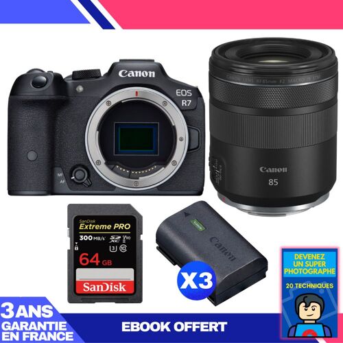 Boitier Canon EOS R7 + RF 85mm F2 Macro IS STM + 1 SanDisk 64GB Extreme PRO UHS-II SDXC 300 MB/s + 3 Canon LP-E6NH + Ebook 'Devenez Un Super Photographe'