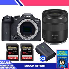 Boitier Canon EOS R7 + RF 85mm F2 Macro IS STM + 2 SanDisk 32GB Extreme PRO UHS-II SDXC 300 MB/s + 3 Canon LP-E6NH + Ebook 'Devenez Un Super Photographe'