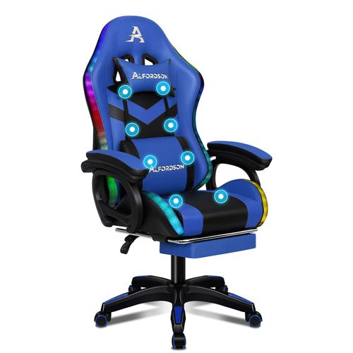 Alfordson Led Chaise Gaming, Siege Gaming Avec Massage 8 Points, Fauteuil De Gaming Pivotant Ergonomique Avec Éclairage Rvb Avec Support Lombaire Et Appui-Tête, Hauteur Réglable, Bleu