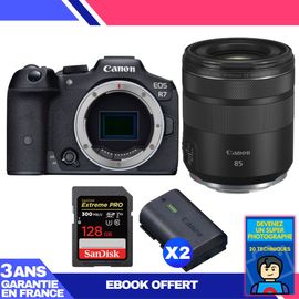 Boitier Canon EOS R7 + RF 85mm F2 Macro IS STM + 1 SanDisk 128GB Extreme PRO UHS-II SDXC 300 MB/s + 2 Canon LP-E6NH + Ebook 'Devenez Un Super Photographe'