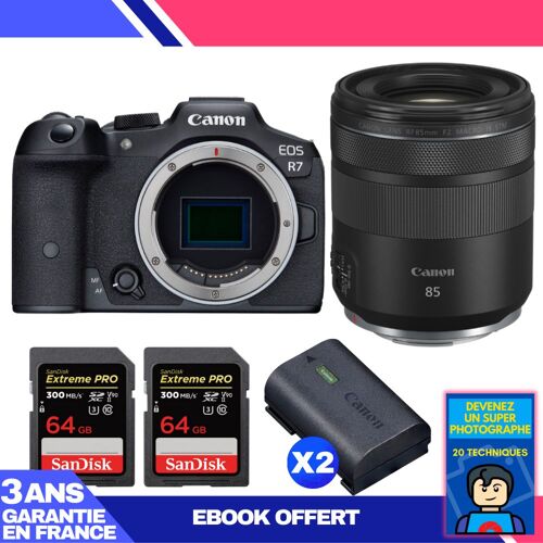 Boitier Canon EOS R7 + RF 85mm F2 Macro IS STM + 2 SanDisk 64GB Extreme PRO UHS-II SDXC 300 MB/s + 2 Canon LP-E6NH + Ebook 'Devenez Un Super Photographe'