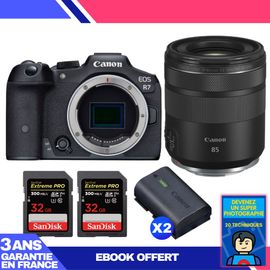 Boitier Canon EOS R7 + RF 85mm F2 Macro IS STM + 2 SanDisk 32GB Extreme PRO UHS-II SDXC 300 MB/s + 2 Canon LP-E6NH + Ebook 'Devenez Un Super Photographe'