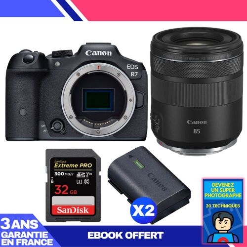 Boitier Canon EOS R7 + RF 85mm F2 Macro IS STM + 1 SanDisk 32GB Extreme PRO UHS-II SDXC 300 MB/s + 2 Canon LP-E6NH + Ebook 'Devenez Un Super Photographe'