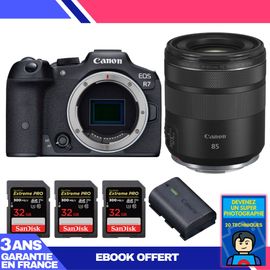Boitier Canon EOS R7 + RF 85mm F2 Macro IS STM + 3 SanDisk 32GB Extreme PRO UHS-II SDXC 300 MB/s + 1 Canon LP-E6NH + Ebook 'Devenez Un Super Photographe'