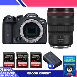 Boitier Canon EOS R7 + RF 24-70mm F2.8 L IS USM + 3 SanDisk 64GB Extreme PRO UHS-II SDXC 300 MB/s + 3 Canon LP-E6NH + Ebook 'Devenez Un Super Photographe'