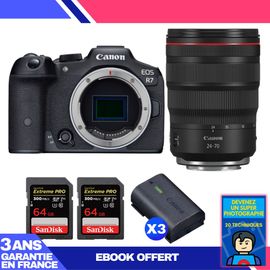 Boitier Canon EOS R7 + RF 24-70mm F2.8 L IS USM + 2 SanDisk 64GB Extreme PRO UHS-II SDXC 300 MB/s + 3 Canon LP-E6NH + Ebook 'Devenez Un Super Photographe'