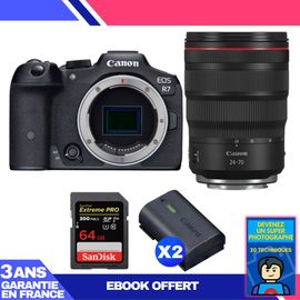 Boitier Canon EOS R7 + RF 24-70mm F2.8 L IS USM + 1 SanDisk 64GB Extreme PRO UHS-II SDXC 300 MB/s + 2 Canon LP-E6NH + Ebook 'Devenez Un Super Photographe'