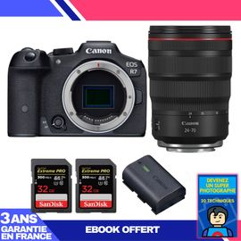 Boitier Canon EOS R7 + RF 24-70mm F2.8 L IS USM + 2 SanDisk 32GB Extreme PRO UHS-II SDXC 300 MB/s + 1 Canon LP-E6NH + Ebook 'Devenez Un Super Photographe'