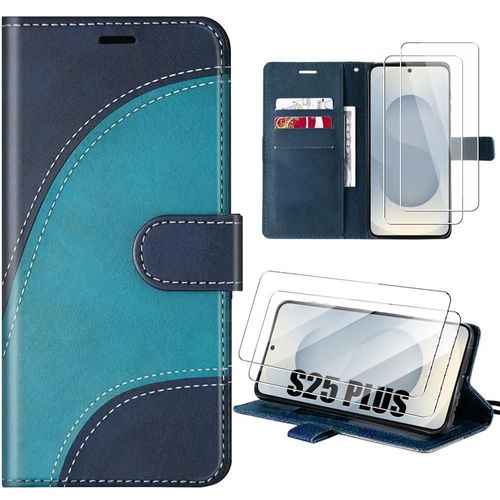 Coque + 2 Verres Trempés Pour Samsung Galaxy S25 Plus (S25+), Protection Effet Cuir Anti-Rayures Antichoc - Bleu - E.F.Connection