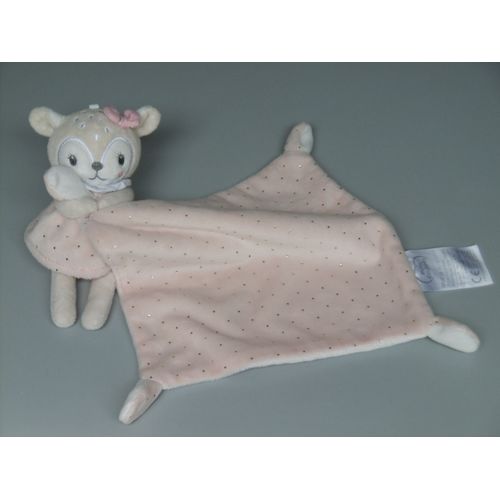 Doudou faon biche rose blanc beige mouchoir pois dorés Mots d'Enfants