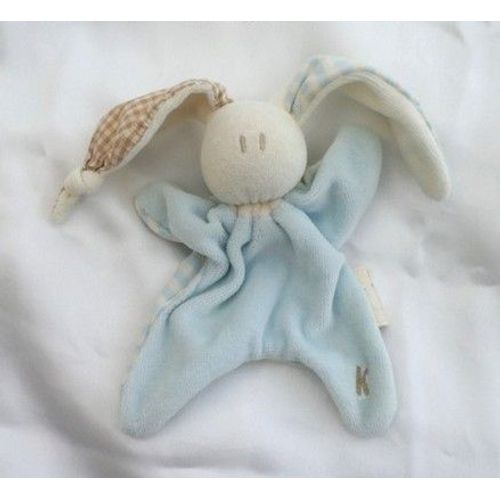 Doudou Peluche Plat Lapin Ecru Et Bleu Little Oddel Coton Bio Grelot Keptin Jr