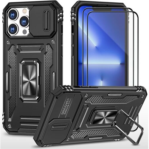 Coque pour Iphone 14 Pro Max étui avec 2 Verre Trempé Support magnétique Armure Robuste Antichoc Silicone avec Couvercle de caméra Coulissant Bumper-Noir